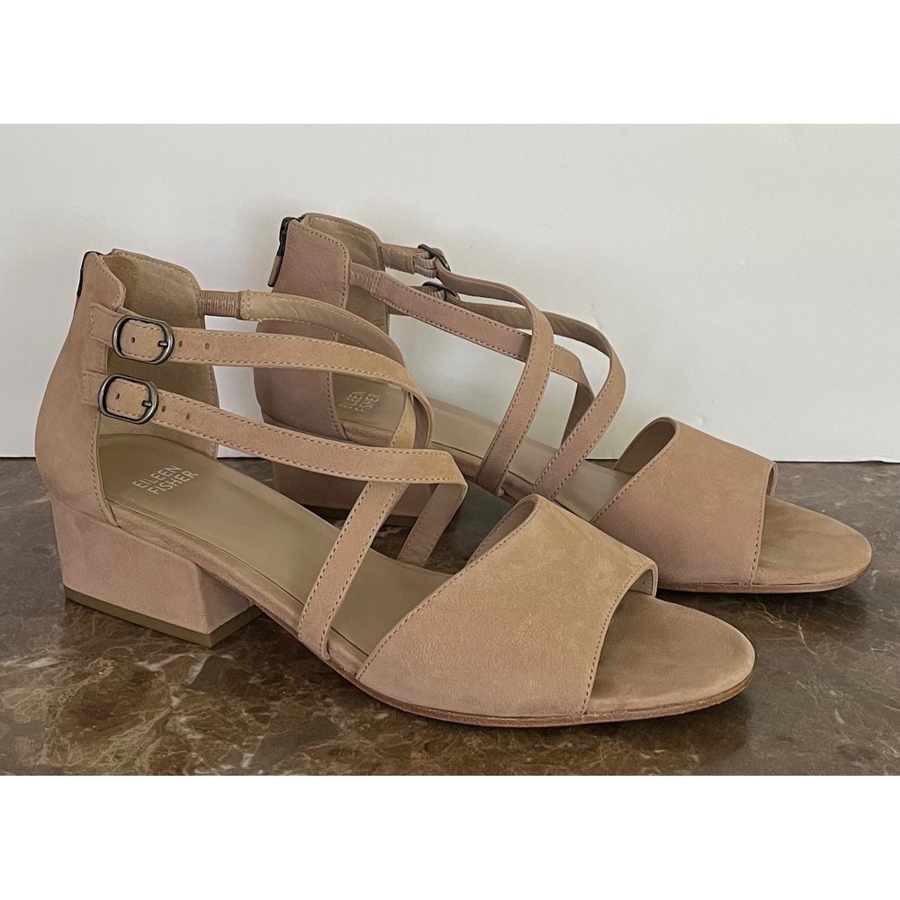 Eileen Fisher Kyra Sandal Tan Latte Leather Strappy Block Heel Buckle Zip‎ 10